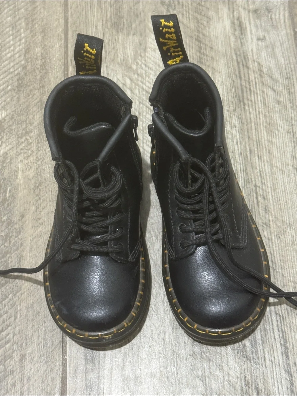 Dr. Martens Kids Black Lace-Up Boots with Yellow Stitching